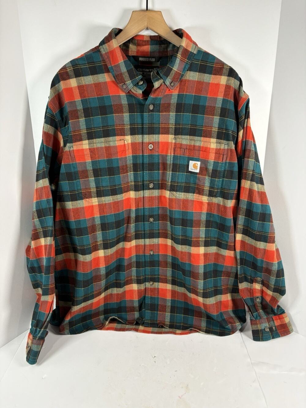 Carhartt Rugged Flex Mens XL Plaid Flannel Shirt Relaxed Fit Workwear Teal Red